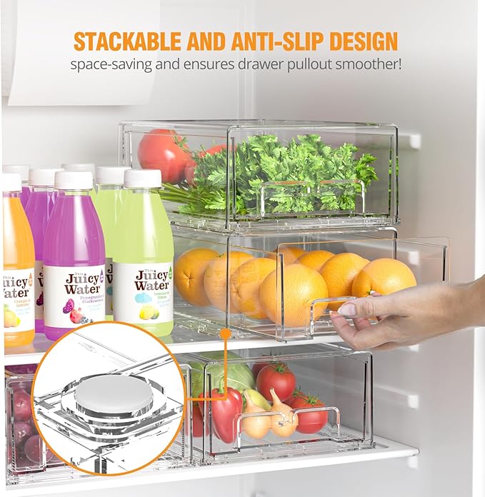 Clear Stackable Storage Drawers - 2 Pack Refrigerator Drawers for Refrigerator Organizers and Storage, Fridge Drawer Organizer for Fruit and Veggie Storage, Acrylic Storage Drawers Pull Out Bin