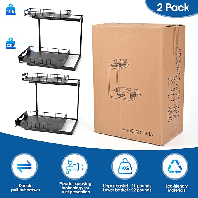 Under Kitchen Sink Organizers and Storage,2 Tier Sliding Cabinet Basket Organizer Drawer,Storage Shelves,Multi-purpose Cabinet Organizers for Kitchen Bathroom.14.17X10.66 X 15.27In(Black,2 Pack)