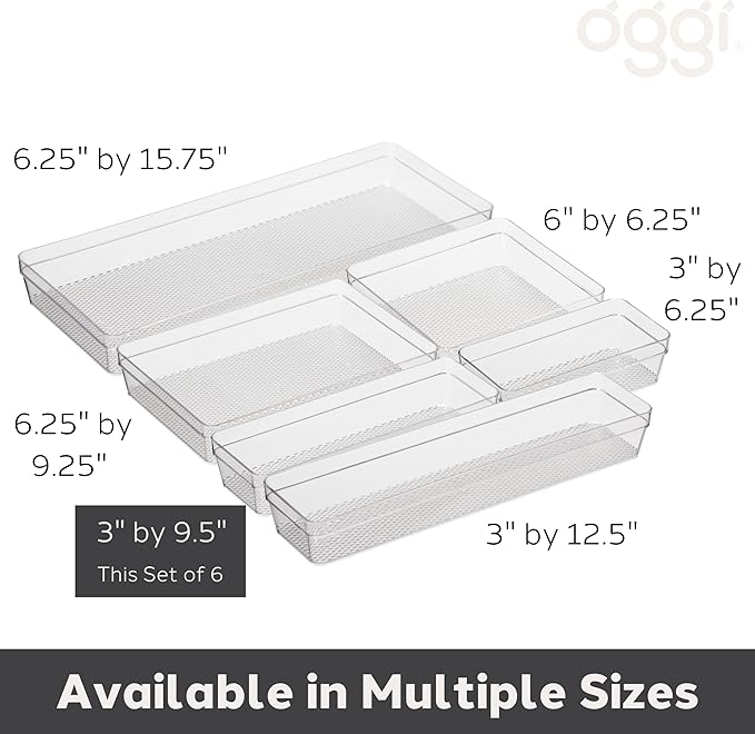 Oggi Clear Drawer Organizer - 3" X 9.5" (Set of 6) - Ideal for Organizing Kitchen Drawers, Office, Desk, Silverware, Kitchen Utensils, Cosmetics and Bathrooms