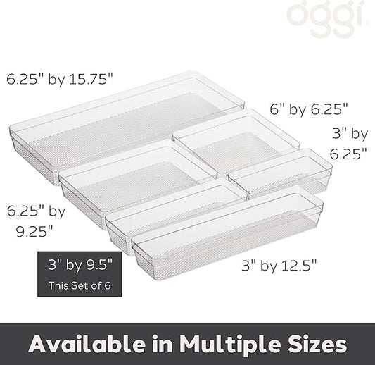 Oggi Clear Drawer Organizer - 3" X 9.5" (Set of 6) - Ideal for Organizing Kitchen Drawers, Office, Desk, Silverware, Kitchen Utensils, Cosmetics and Bathrooms