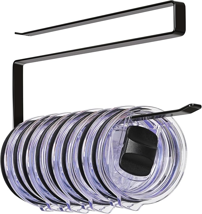 Tumbler Lid Organizer Under Cabinet, Tumbler Lid Storage Hook Up to 10 Lids, Cup Lid Holders Space Saving Tumbler Lid Hanger for Kitchen Storage, Horizontal Paper Towel Hanger (Black)