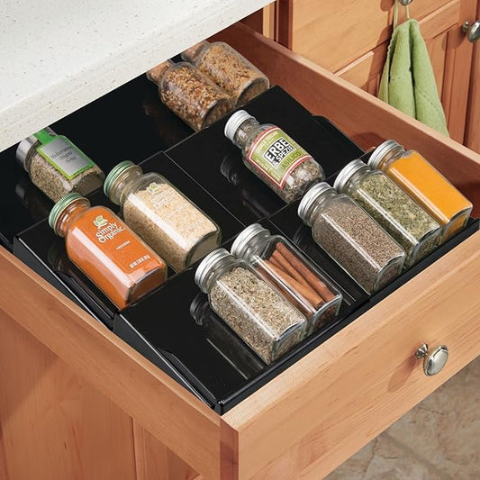mDesign Expandable Plastic Deluxe Spice Rack, Drawer Organizer for Kitchen Cabinet Drawers, 3 Tier Slanted for Spice Jars, Food Seasoning Bottle Storage, Ligne Collection - Black