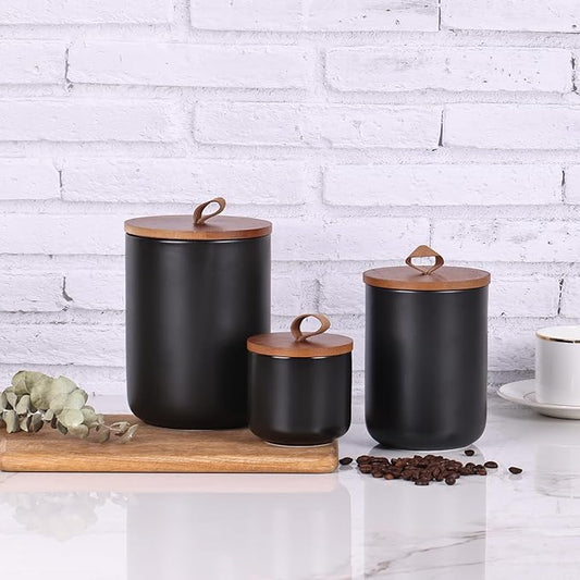 Black CanistersSets for the Kitchen, Tea Coffee Sugar Canister Set,Coffee Canisters with Airtight Lids,White Canisters Set of 3,Food Flour Storage Containers