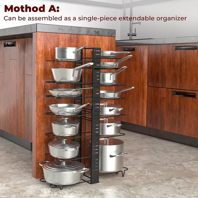 Expandable Rack for Cabinets - Vdomus Adjustable Black Pot Rack with 4 DIY Storage Positions - Holds up to 14 Pans, Pots, or Lids - Durable Iron Pot Stacker for Kitchen Organization - 8.5"x 31"x11.5"