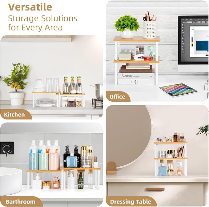 Cabinet Organizer - Set of 6 Stackable, Expandable Metal & Wood Shelves for Kitchen Counter, Spice, Mug & Plate Storage