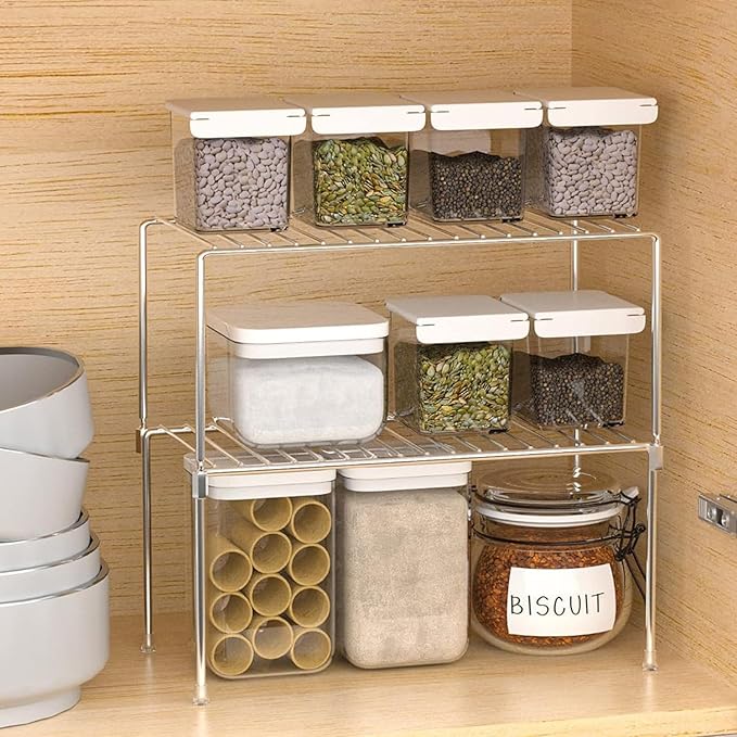 Redrubbit 4 Pack(10.6 x 5.5 Inch) Stackable Cabinet Storage Shelf Rack, Rustproof Kitchen Counter and Cabinet Shelf, Small Storage Rack Organizer for Kitchen, Fridge, Cabinet, Bathroom, Chrome