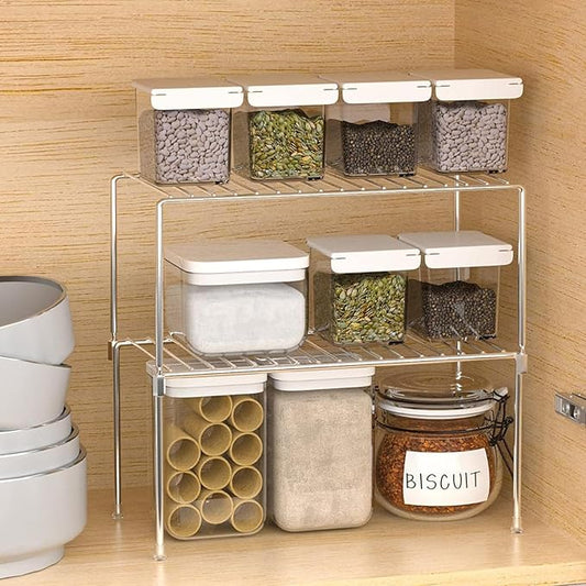 Redrubbit 4 Pack(10.6 x 5.5 Inch) Stackable Cabinet Storage Shelf Rack, Rustproof Kitchen Counter and Cabinet Shelf, Small Storage Rack Organizer for Kitchen, Fridge, Cabinet, Bathroom, Chrome
