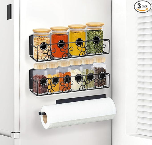 LULUX Magnetic Spice Rack Organizer 2-tier Strong Magnetic Bases, 10 Spice Jars, and Paper Towel Holder Kitchen Storage Solution for Pantry, Fridge, or Wall