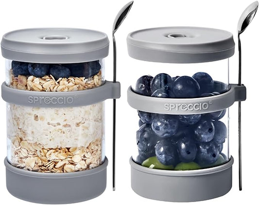 Glass Overnight Oats Containers with Lids of Silicone and Spoon 16 oz [2 Pack], Airtight Overnight Oats Jars with Silicone Lid, For Yogurt Containers Chia Pudding Jars Snack Spice (Grey)