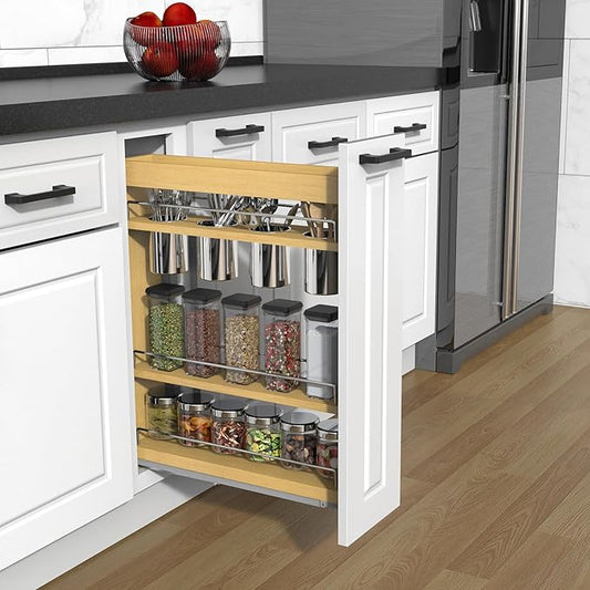 Pull Out Cabinet Organizer 8" Soft-Close Wood Pullout Shelf Organizer for Utilities Kitchen and Bathroom Base Cabinets, Slide Out Spice Rack
