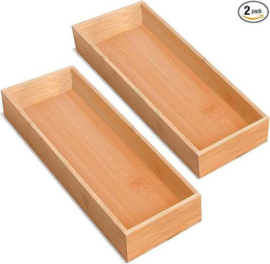 Set of 2 Bamboo Drawer Organizer, Stackable Utensil Organizer for Kitchen, Bamboo Storage Box Wood Silverware Tray for Drawer