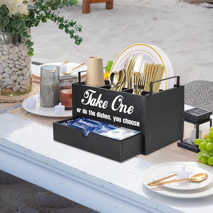 Paper Plate Holder Countertop, Utensil Caddy with Drawer, Black, 6 Compartments, 1 Drawer, Space Saving, Convenient to Carry, Sturdy, Easy Cleaning, Ideal Gift Idea