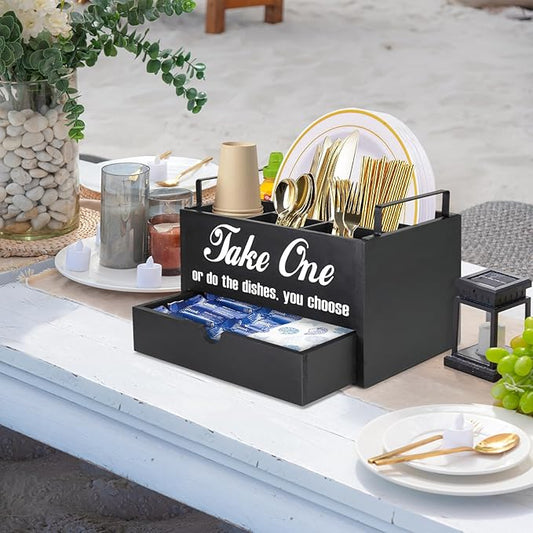 Paper Plate Holder Countertop, Utensil Caddy with Drawer, Black, 6 Compartments, 1 Drawer, Space Saving, Convenient to Carry, Sturdy, Easy Cleaning, Ideal Gift Idea