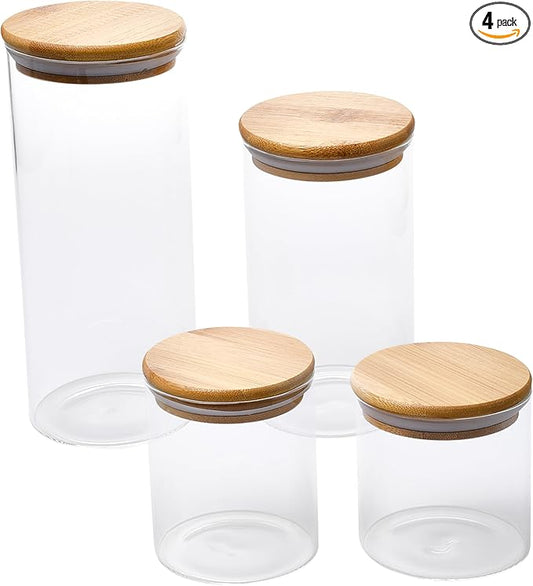 WHOLE HOUSEWARES Glass Jars with Bamboo Lids - 4-Piece Modular Set (33.8oz, 25.4oz, 15.2oz, 11.2oz) with Modern Wooden Lids - Transparent, Fresh & Convenient Air Tight Pantry Storage Containers