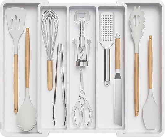 Lifewit Utensil Organizer for Kitchen Drawers, Expandable Cooking Utensil Tray, Adjustable Cutlery Silverware Flatware Holder, Plastic Kitchen Spatula Tools and Gadgets Storage Divider, Large, White