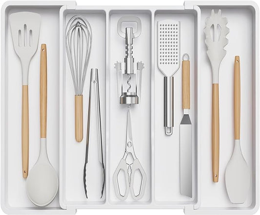 Lifewit Utensil Organizer for Kitchen Drawers, Expandable Cooking Utensil Tray, Adjustable Cutlery Silverware Flatware Holder, Plastic Kitchen Spatula Tools and Gadgets Storage Divider, Large, White