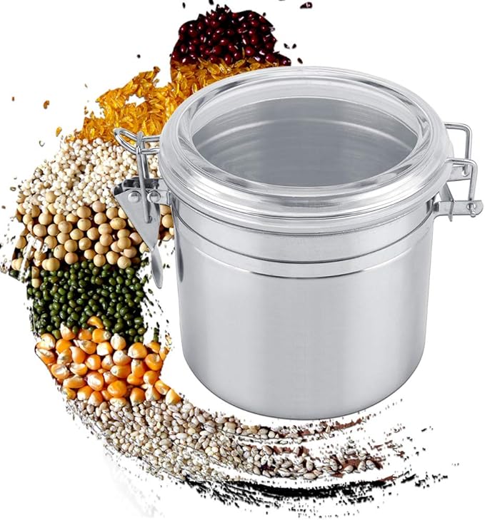 Stainless Steel Coffee Canister, Airtight Ground Coffee Bean Storage Container Keep Bean Fresh Organizer Jars Clear Clamp Lid Large Capacity for Kitchen Organization Pantry Tea Flour Sugar 1100ml
