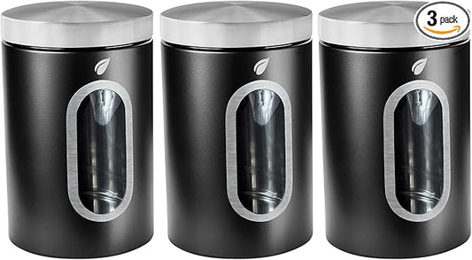 Self-Care Kitchen Canisters-Modern Kitchen Decoration of Canister Set with Multiple Preservation Purposes by Tight Sealed Lids, Good for WeddingGifts Kitchen Canisters Set of 3, Matte Black, (SC-001)
