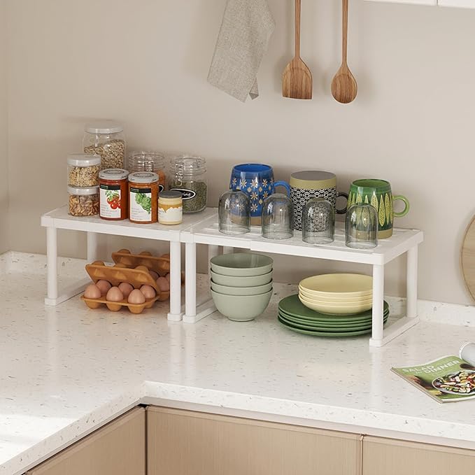 Lifewit Cabinet Shelf Organizer, Expandable Countertop Kitchen Shelves, Plastic Shelf Riser for Pantry Kitchen Storage and Spice Rack, Set of 4, White