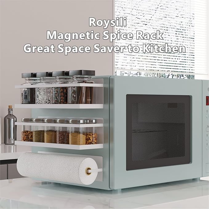 Magnetic Spice Rack for Refrigerator Magnetic Fridge Shelf for Kitchen Spice Organizer Magnetic Shelf for Fridge White 2 Pack with Magnetic Paper Towel Holder