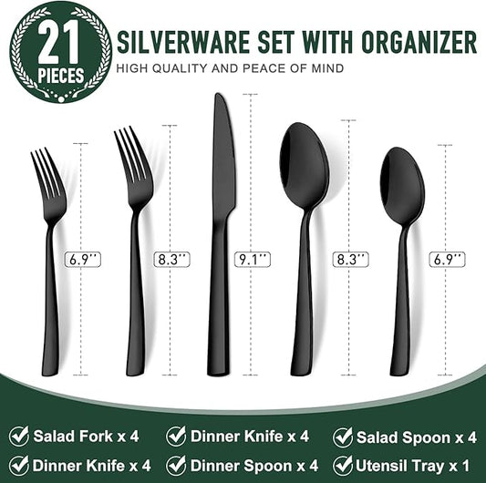 21-Piece Modern Black Silverware Set with Organizer Tray Stainless Steel Eating Utensil Sets Kitchen Knives Forks and Spoons Cutlery Set Heavy Duty Tableware Flatware Sets for 4, Dishwasher Safe