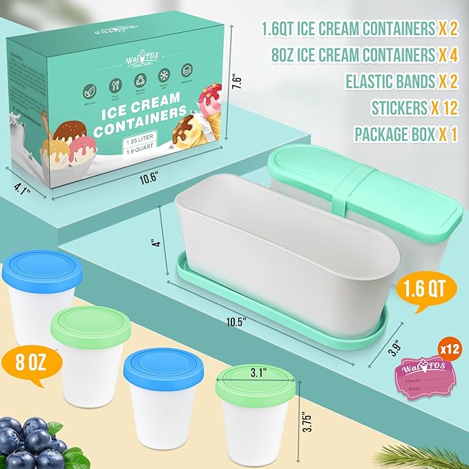 Walfos Ice Cream Containers for Homemade Ice Cream - 1.6 Quart & 8 oz. Set, Bonus Sealing Bands Keeping Silicone Lids Airtight, Reusable Ice Cream Tubs, Stackable Freezer Storage Container - Green