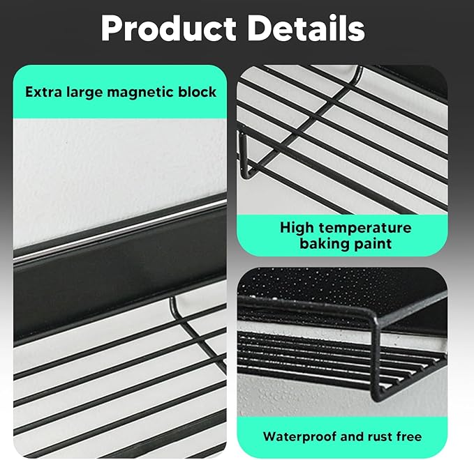 2 Packs Magnetic Spice Rack for Refrigerator, Moveable Magnetic Shelf, Black Fridge Organizer for Kitchen Space Saving