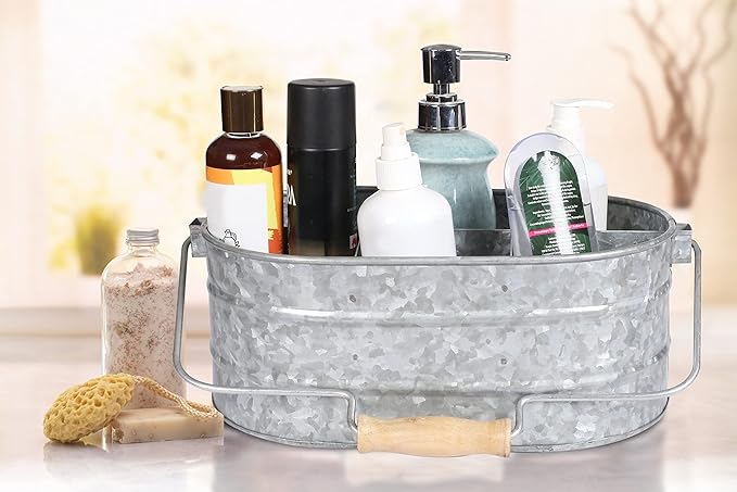 Galvanized Metal Caddy with 4 Compartments, Rustic Farmhouse Kitchen Picnic Utensil Holder, Multipurpose Storage Bin, Metal Garden Planters - 12 Inch - Antique Natural