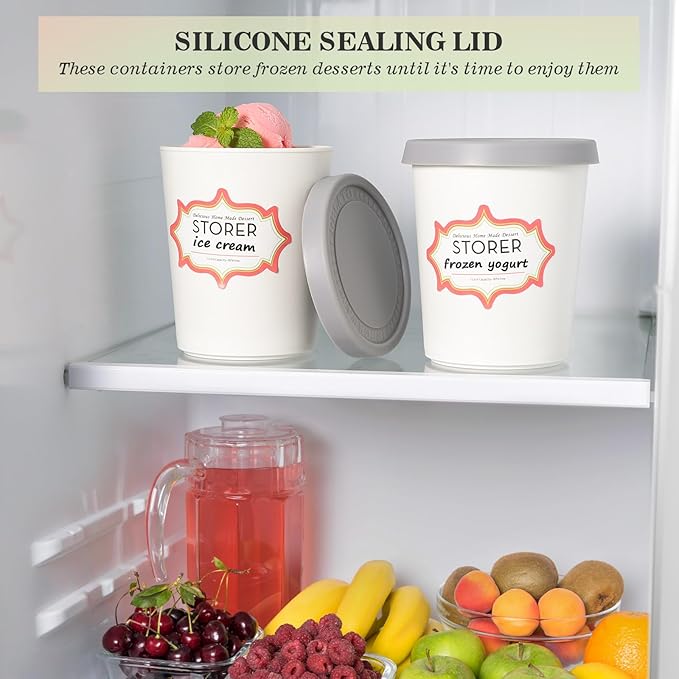 2Pack Ice Cream Containers for Homemade Ice Cream（1 Quart Each），Reusable Plastic Storage Containers Cups with Lids for Freezer，Stackable Storage Container for Gelato，Yogurt, Sorbet