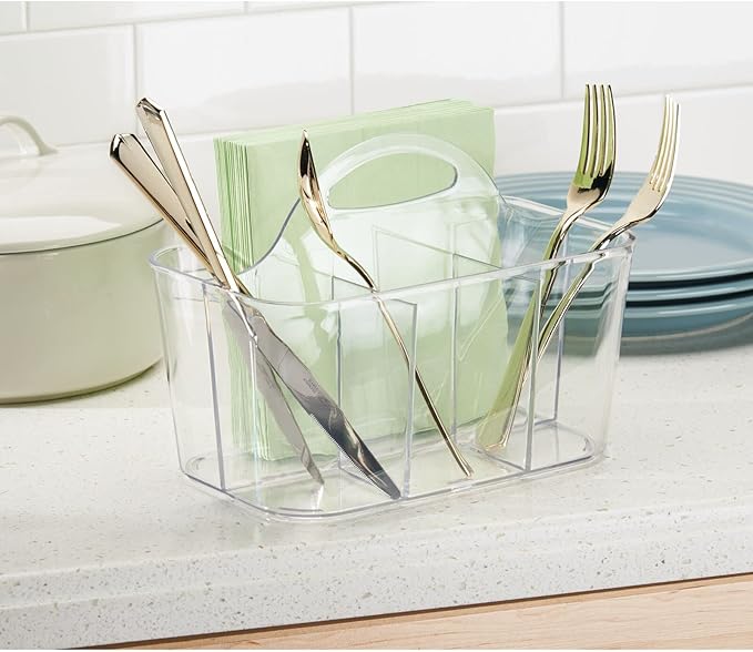 mDesign Plastic Cutlery Storage Organizer Caddy Bin Tote with Handle - Kitchen Cabinet Divided Pantry Basket for Forks, Knives, Spoons, Napkins, Indoor/Outdoor Use, Lumiere Collection, 2 Pack - Clear