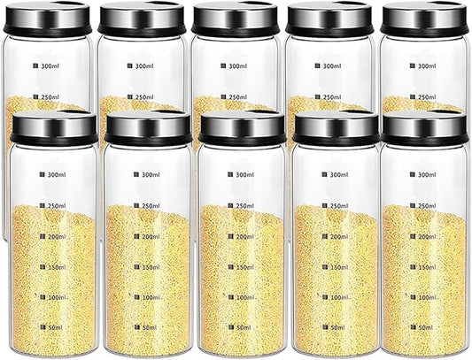10 oz Salt and Pepper Shakers Set with Adjustable Outlet Holes Clear Glass Bottle Spice Seasoning Cans Jar for Kitchen Decor and Home Restaurant BBQ Camping Farmhouse Kitchen Accessories(10 Pcs,300ML)