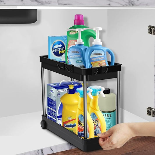 [Upgrade Wheels] Under Sink Organizers and Storage, Multi-Purpose 2 Tier Bathroom Organization Countertop or Undersink Shelf, Kitchen Under Cabinet Container Basket Caddy (1 Packs)