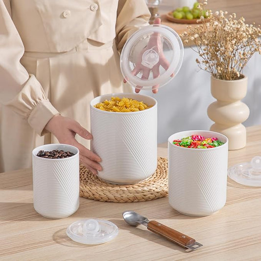 Canister Sets for Kitchen Countertop: Ceramic Food Storage Jar with Airtight Lids - Large Seal Damp-proof Containers for Coffee Tea Flour Sugar Rice Cookies Candy - White (23+42+75 oz)