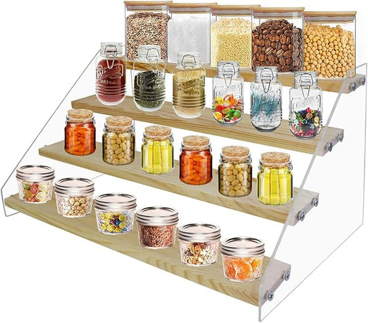 VAEHOLD Spice Rack Organizer for Cabinet & Countertop - Seasoning Organizer Spice Shelf - Space Saving Wooden Display Risers Shelf Showcase Fixtures Jewelry (4 Tier)