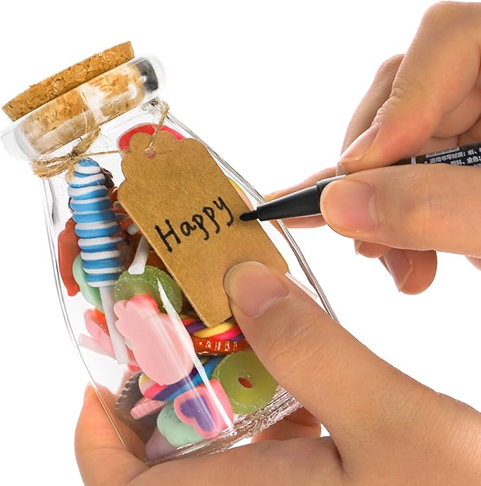yarlung 30 Pack Glass Favor Jars with Cork Lids for Mother's Day Gift, 4 OZ Clear Small Candy Jars Set Square Decorative Bottles for Wedding, Baby Shower, Party Favor, Brown Labels and Strings