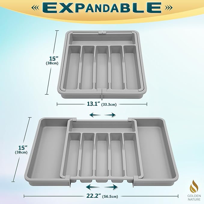 Kitchen Drawer Organizer for Silverware, Utensils, Cutlery (15x13.1 inch Expands to 15x22.2 inch, Gray), Expandable Flatware Holder for Drawers