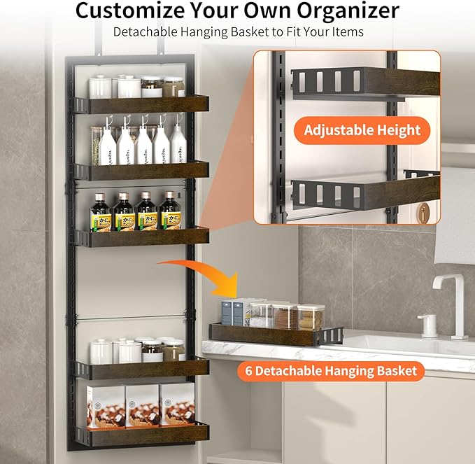 Over The Door Organizer, 6-Tier Over The Door Pantry Organizer, Heavy Duty Metal Frame, Spice Rack, Behind the Door Storage for Kitchen, Bathroom, Laundry Room, 16.9”L×6.3”W×51.2”H (Black)