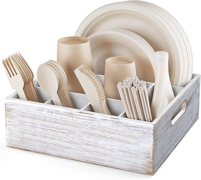 ALELION Rustic White Utensil Holder for Party - Paper Plate Organizer for Countertop - Silverware Caddy with 6 Compartments for Plate Cup Fork Spoon - Cutlery Holder for Camping Buffet