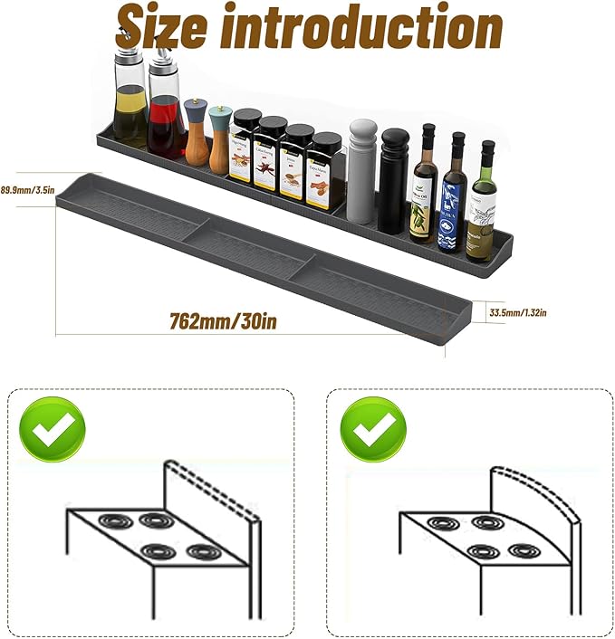 30 Inch Silicone Magnetic Stove Top Shelf with 6 Magnets, Stove Spice Rack Shelf Foldable Magnetic Spice Rack for Stove, Stove Shelf for Back of Stove, Stove Rack for Kitchen (grey)