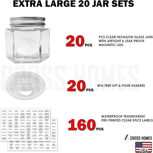 20 Set Magnetic Spice Jars Large 4 oz Refrigerator Hexagon Glass Spice Jars Magnetic Lids Shaker Spice Labels Magnetic Glass Spice Containers for RV Travel Trailer Kitchen Fridge Cabinet Wall mount