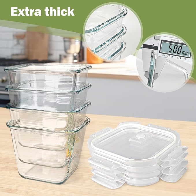 Square Glass Food Storage Containers with Lids, 4 Cup Borosilicate Glass Meal Prep Bowl, Microwave & Freezer Safe Jars, Small Soup Containers for Salad, Fruit, Lunch, Ice Cream, Travel (32 oz, 4 Pack)