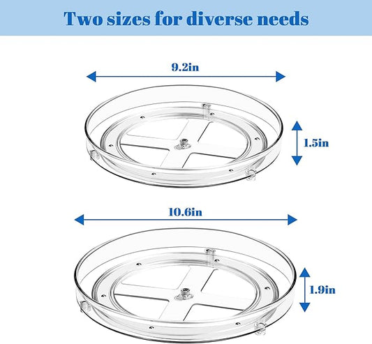2 Pack Clear Acrylic Lazy Susan, 9.25"+10.6" Rotating Turntable Organizer, Round Plastic Spice Rack for Cabinet, Kitchen, Pantry, Refrigerator, Vanity Bathroom Countertop Storage