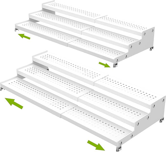 Spice Rack Organizer for Cabinet, 3 Tier Expandable Shelf, Great for Kitchen Cabinets, Cupboard,Pantry and More,Metal Plate with Hole (2 Packs/White,9.45" D x 12.8"~24“L x 3.56" H)