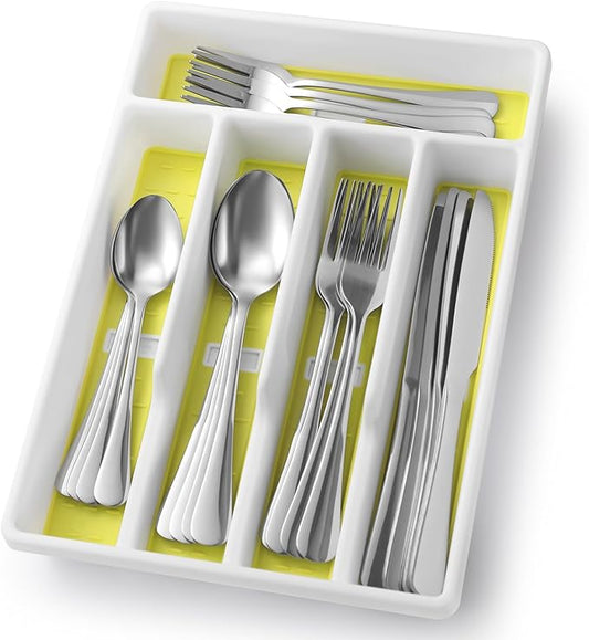 20-Piece Silverware Set with Organizer，Heavy Duty Stainless Steel Flatware Cutlery Tableware Set for 4，Includes 5-Compartment Silverware Tray with Cutlery Icons，First Apartment Kitchen Essentials