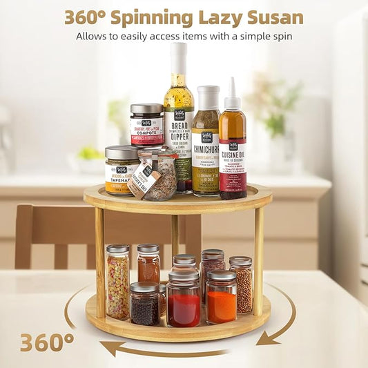 HomeMall Bamboo Lazy Susan Turntable Organizer, 2 Tier Lazy Susan Spice Rack Kitchen Turntable for Kitchen Countertop Cabinet Pantry Home Organization, 10''