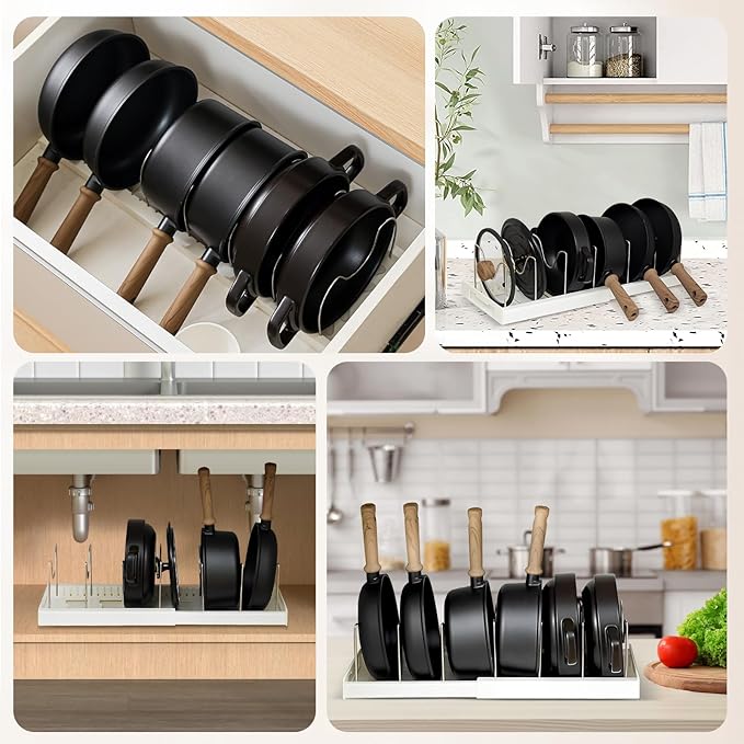 Pot Lid Organizer Pots and Pans Organizer Under Cabinet Adjustable Pot Lid Holder Rack for Pots, Cutting Boards, Pans