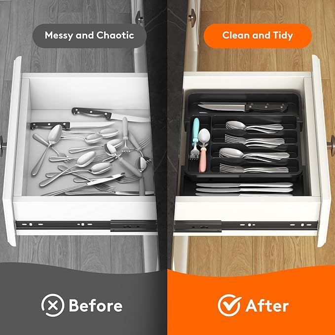 Lifewit Small Silverware Drawer Organizer, Expandable BPA Free Utensil Tray for Kitchen, Adjustable Flatware and Cutlery Holder for Spoons Forks Knives, Plastic Kitchen Organizers and Storage, Black