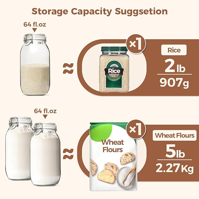 ComSaf Large Glass Jars with Lid 64 oz, Large Mason Jars Set of 3, Glass Canisters with Airtight Lids, Half Gallon Canning Jars with Seal Wire Clip Fastening for Kitchen, Pickle, Flour, Sugar, Cereal