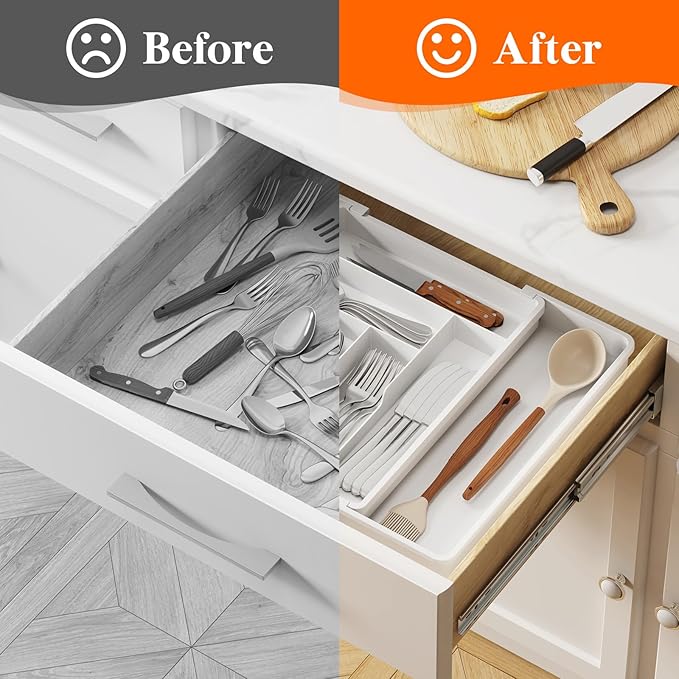 Lifewit Expandable Silverware Drawer Organizer, 22.4 x 16.7 x 2 inches, Adjustable Utensil Cutlery Tray for kitchen, Plastic Flatware Spoon Fork Knives Holder Storage Divider,1 Pack, White