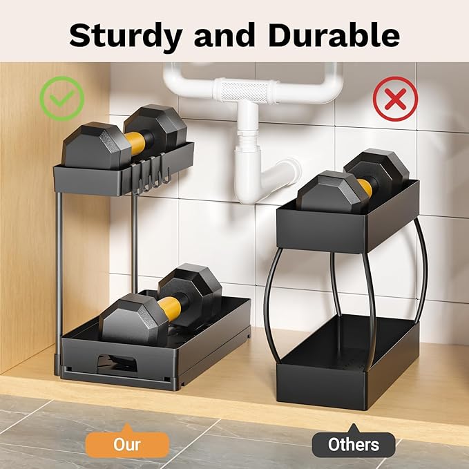 2 Pack Under Sink Organizers and Storage, 2 Tier L-Shape Pull Out Under Cabinet Organizer, Black Under Bathroom Kitchen Sink Organizer with Drawer for Under Counter Storage Organizer